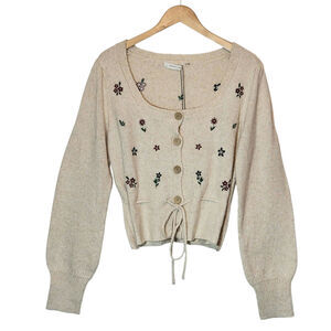 Mustard Seed Floral Embroidered Cream Cardigan Sweater Boho Casual Button M
